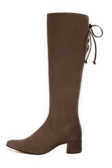 Chocolate brown women's knee-high boots, with laces at the back. Tapered toe. Low flare heels. Made to measure. Profile view - Florence KOOIJMAN